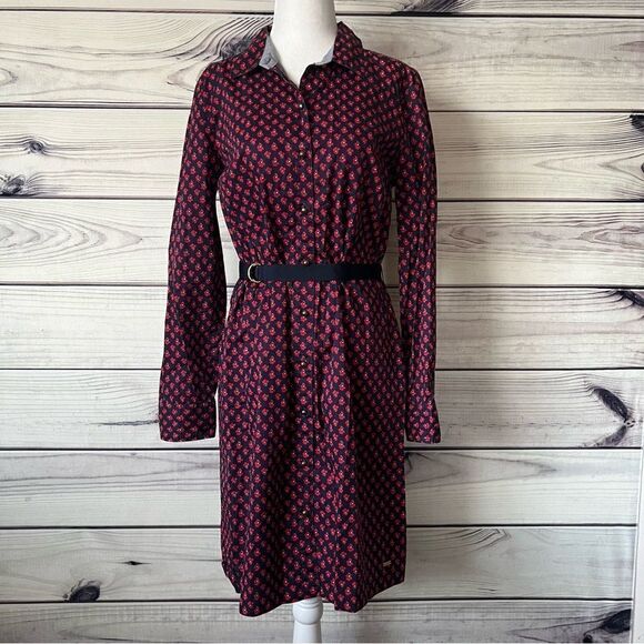 Tommy Hilfiger Navy & Red Floral Poppy Patterned Button Down Belted Shirt Dress - Picture 1 of 12